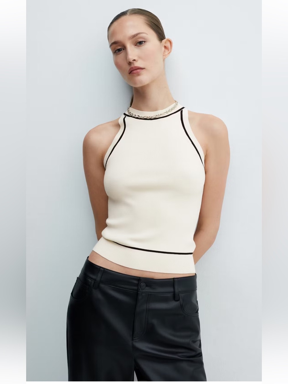 NWT Mango White Contrast-Trim Knit Top M
